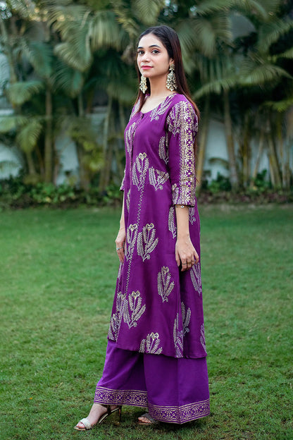 Purple Maheshwari Resham & Zardozi Work Kurta & Dupatta With Purple Palazzo