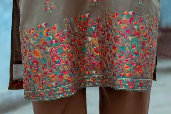 Taupe Cotton Silk Kani Weave Kurta & Dupatta with Taupe Trousers
