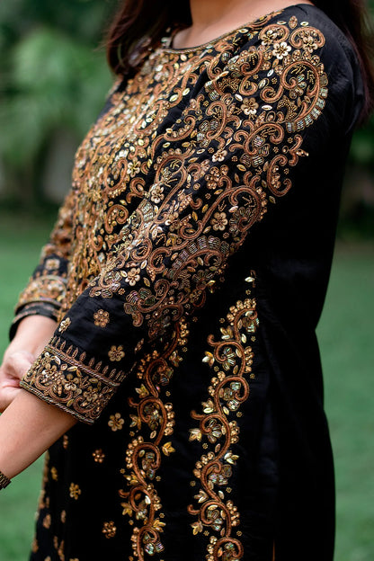 Black Silk Kurta with zardozi, Black Georgette dupatta and black Palazzo