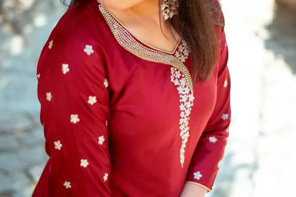 Maroon silk kurta with zardozi work, Maroon Chiffon Dupatta and Maroon Palazzo