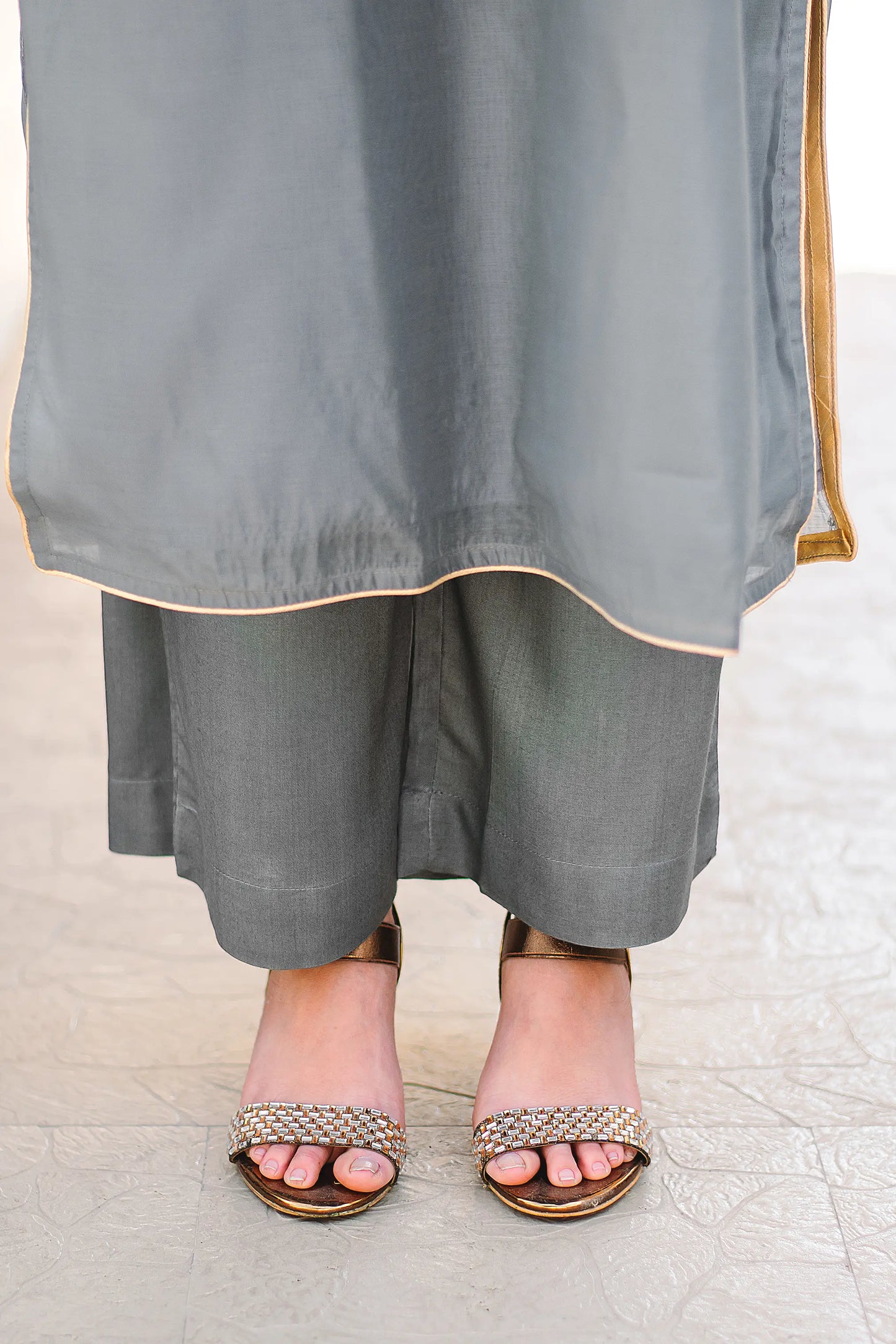 Grey Chanderi Kurti and Dupatta with applique work and Grey Trousers