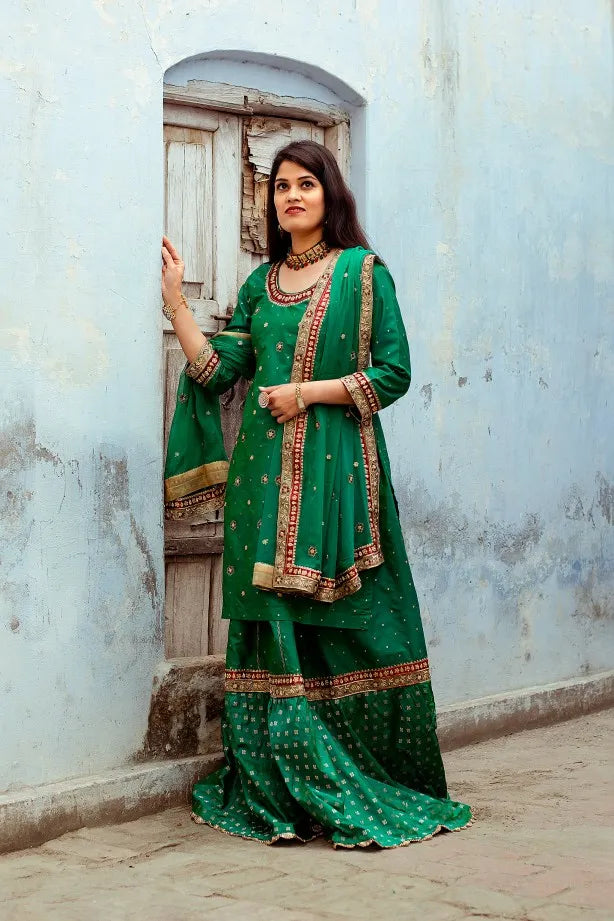 Green Silk Zardozi Kurta &  green Chiffon Dupatta With silk Farshi Gharara