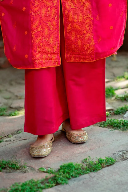 Magenta cotton silk resham embroidered kurta, magenta organza dupatta and Magenta  palazzo