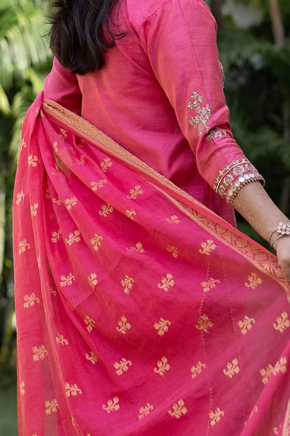 Pink Silk Zardozi & Applique Work Kurta with Chanderi Dupatta and Pink Trousers