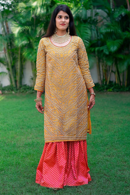 Mustard yellow gharara set with zardozi work