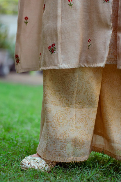 Embroidered set with golden chanderi kurta, palazzo and maroon dupatta