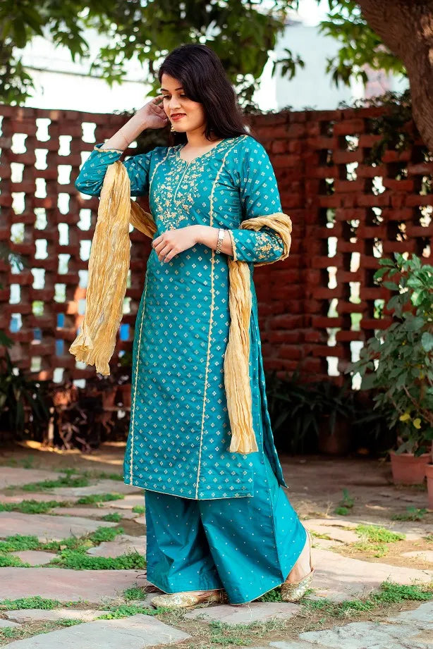 Blue Banarasi Silk Kurta with applique, blue silk palazzo and golden tissue dupatta