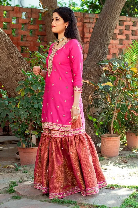 Pink brocade sharara,chanderi kurta and dupatta with zardozi work