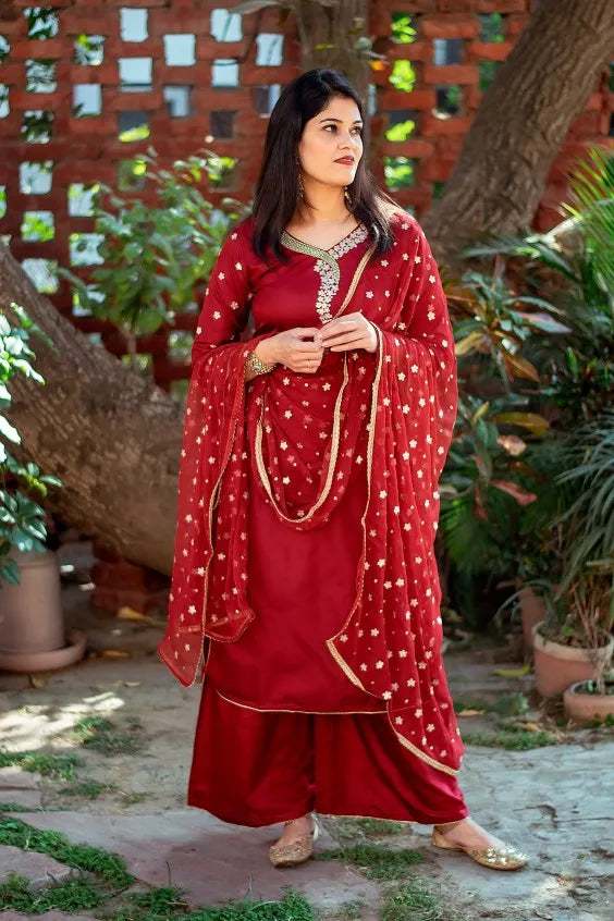 Maroon silk kurta with zardozi work, Maroon Chiffon Dupatta and Maroon Palazzo