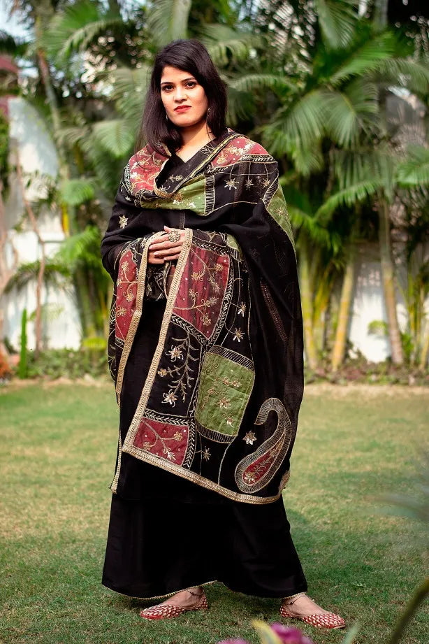 Multicoloured Zardozi Embroidered Chanderi Dupatta with Black chanderi Kurta and black Palazzo