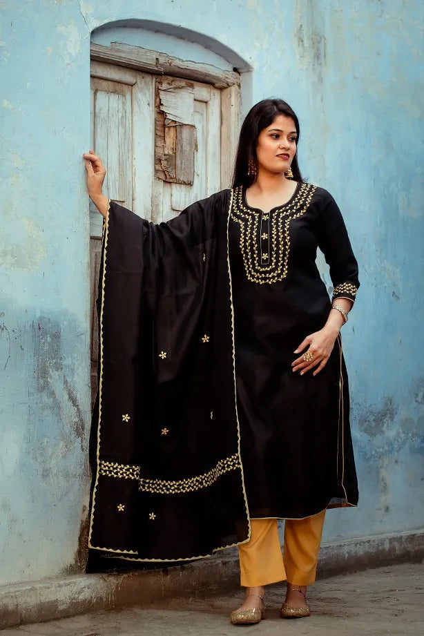 Black Chanderi Kurta with applique work black chanderi dupatta and golden trousers