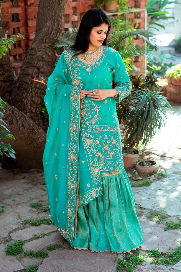 Green brocade traditional gharara with zardozi work