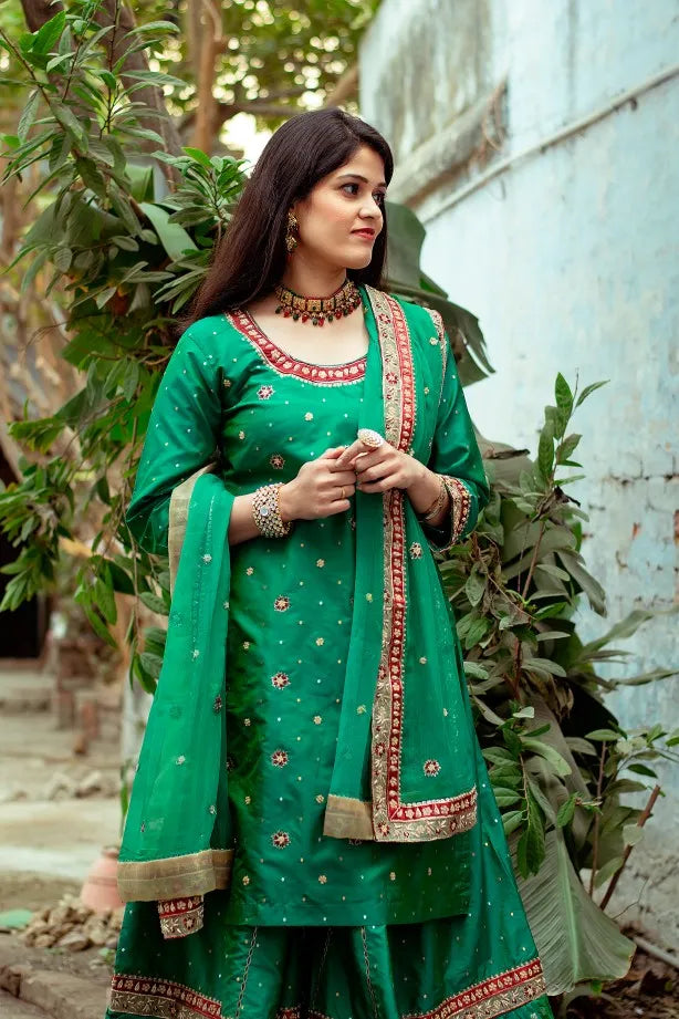 Green silk farshi bridal gharara set with zardozi work