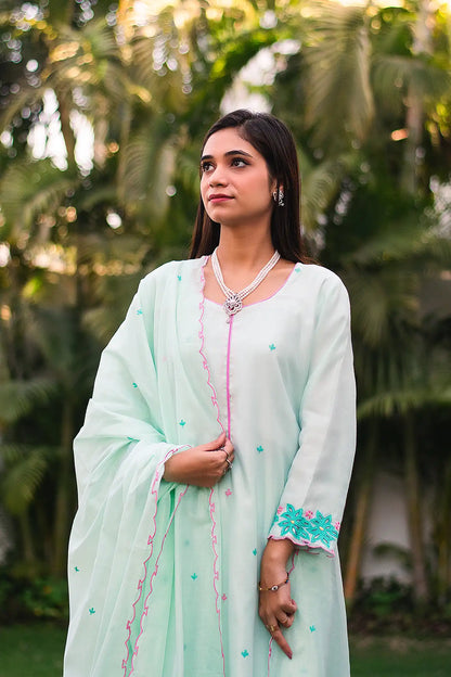 Sea-green chanderi resham embroidered kurta and dupatta with sea-green palazzo