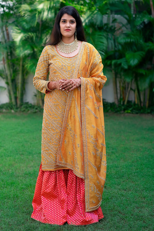 Mustard yellow gharara set with zardozi work