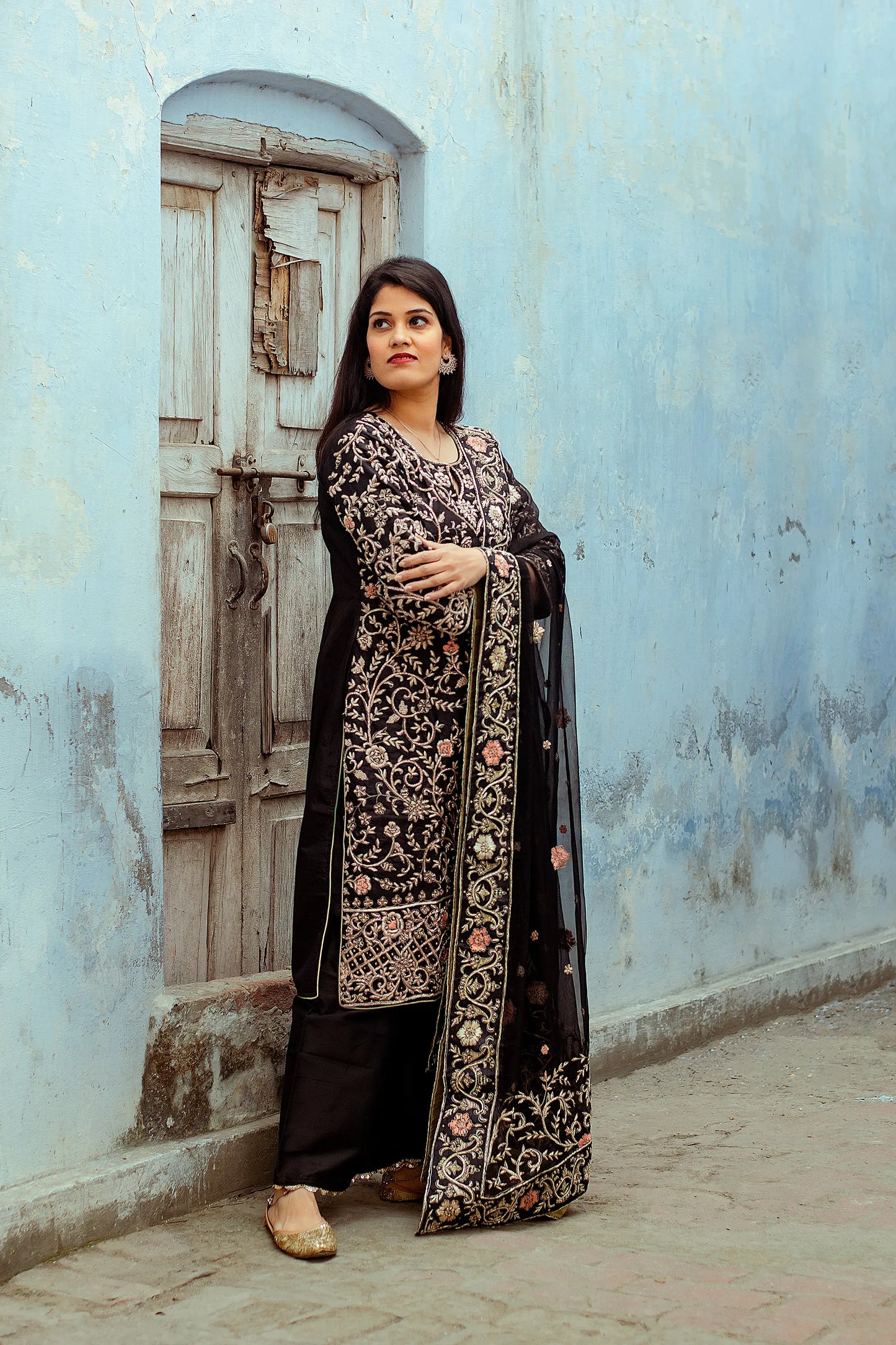 Black silk kurta with zardozi work,black chiffon dupatta and black palazzo