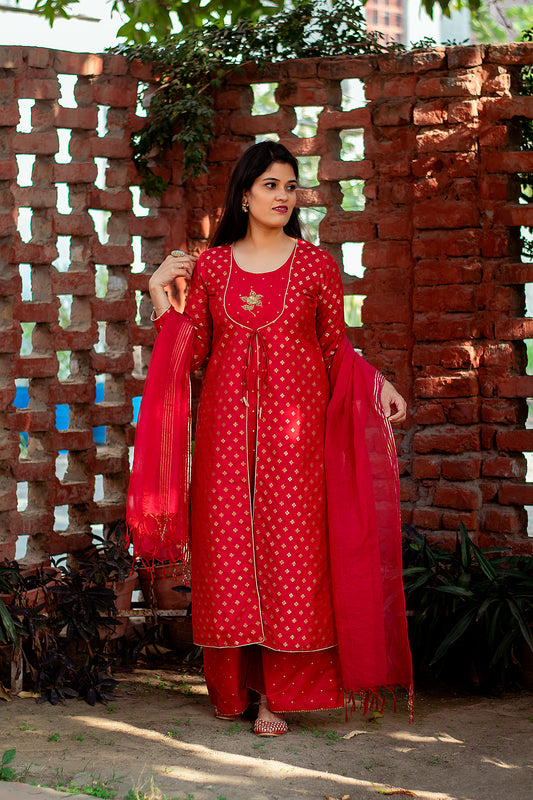 Red Zardozi Work Banarasi Silk Angarkha And Palazzo With Red Dupatta