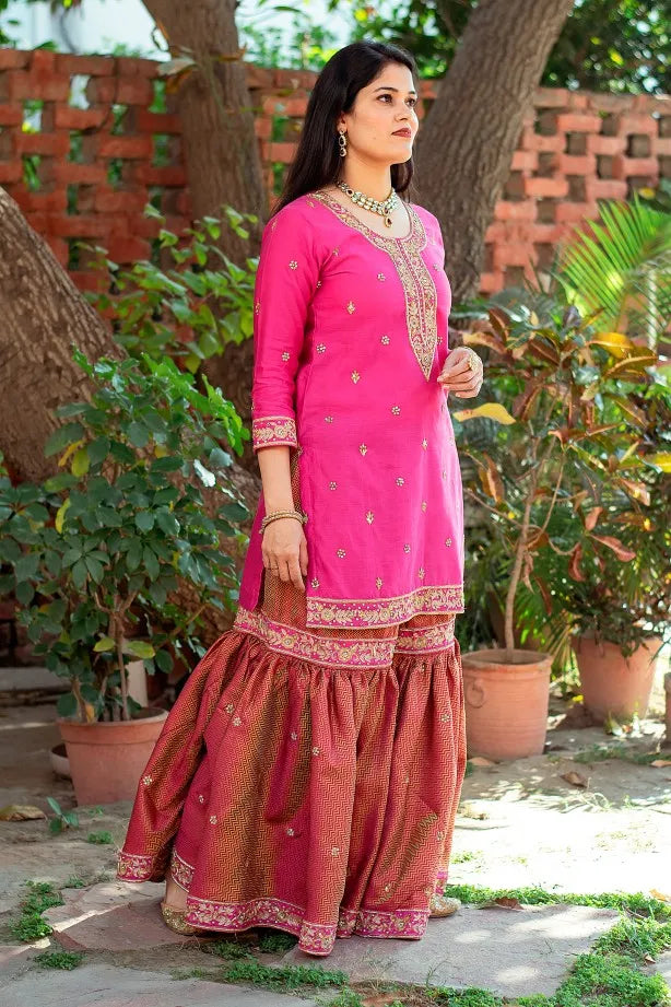 Pink brocade sharara,chanderi kurta and dupatta with zardozi work