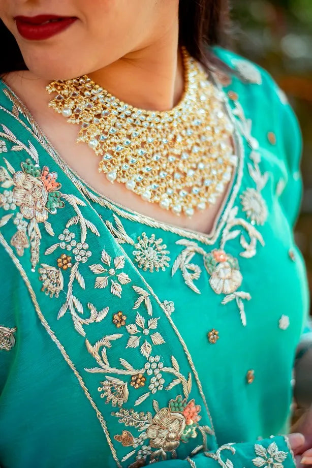 Green brocade traditional gharara with zardozi work