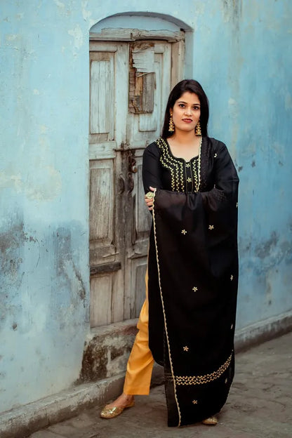 Black chanderi Kurti with applique work black chanderi dupatta and golden trousers