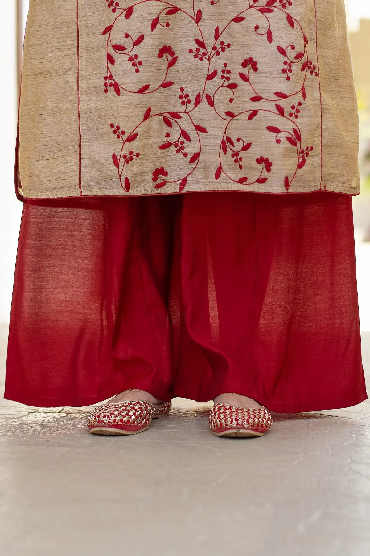 Beige silk applique work kurta & dupatta with maroon palazzo