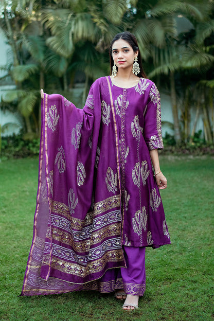 Purple Maheshwari Resham & Zardozi Work Kurta & Dupatta With Purple Palazzo