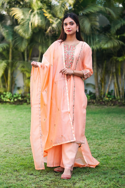 Peach Chanderi Resham Embroidered Kurta And Palazzo With Peach Chanderi Dupatta