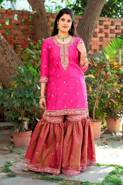 Pink brocade sharara,chanderi kurta and dupatta with zardozi work