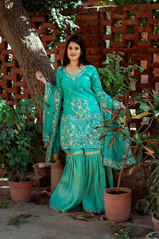 Green brocade traditional gharara with zardozi work