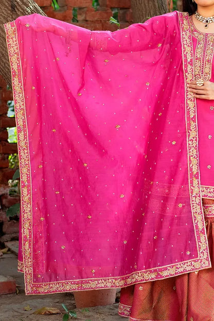 Pink brocade sharara,chanderi kurta and dupatta with zardozi work