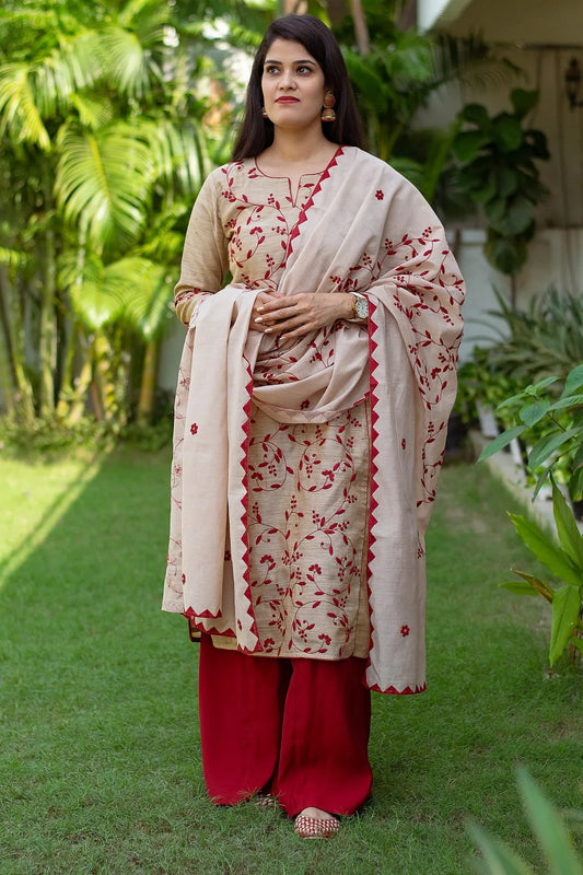 Beige silk applique work kurta & dupatta with maroon palazzo