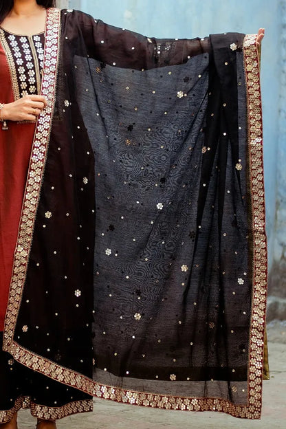 Maroon Chanderi Kurta with zardozi,Black Chanderi Dupatta with zardozi and Black  Palazzo