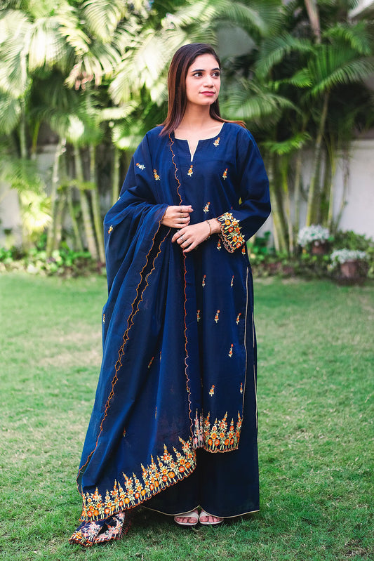 Navy Blue chanderi resham embroidered kurta and dupatta with Navy blue palazzo