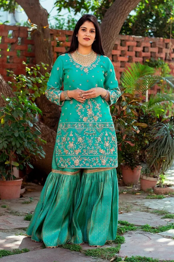 Green brocade traditional gharara with zardozi work