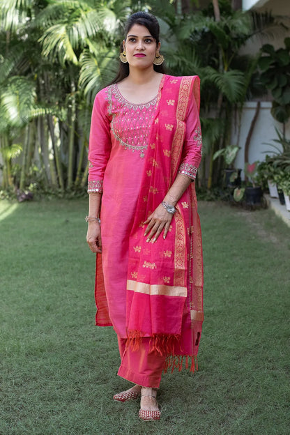 Pink Silk Zardozi & Applique Work Kurta with Chanderi Dupatta and Pink Trousers