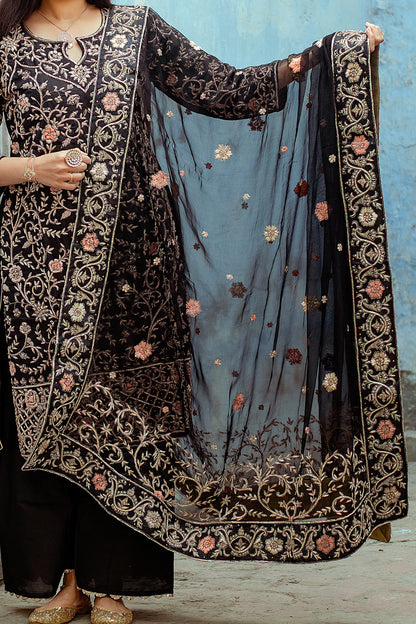 Black silk kurta with zardozi work,black chiffon dupatta and black palazzo