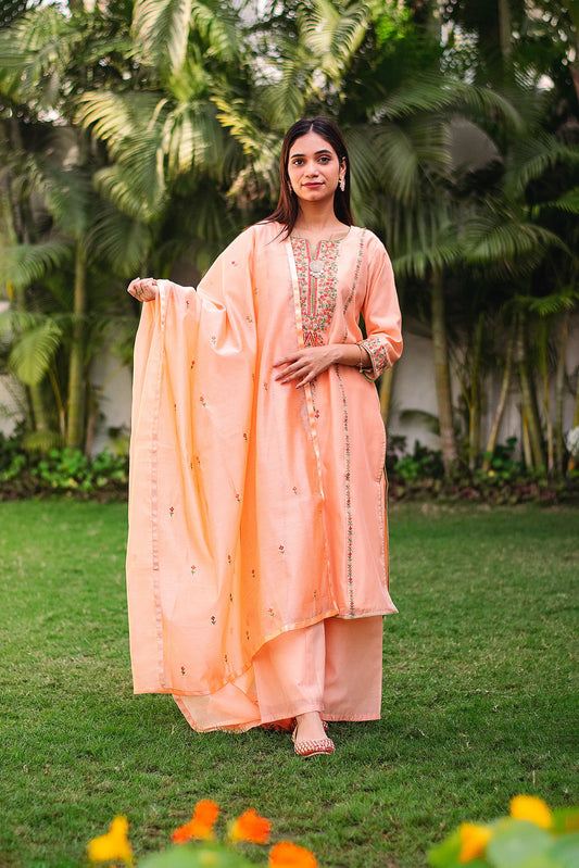 Peach Chanderi Resham Embroidered Kurta And Palazzo With Peach Chanderi Dupatta