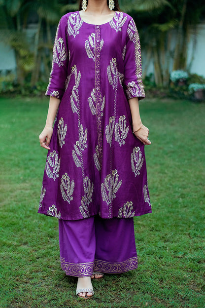 Purple Maheshwari Resham & Zardozi Work Kurta & Dupatta With Purple Palazzo