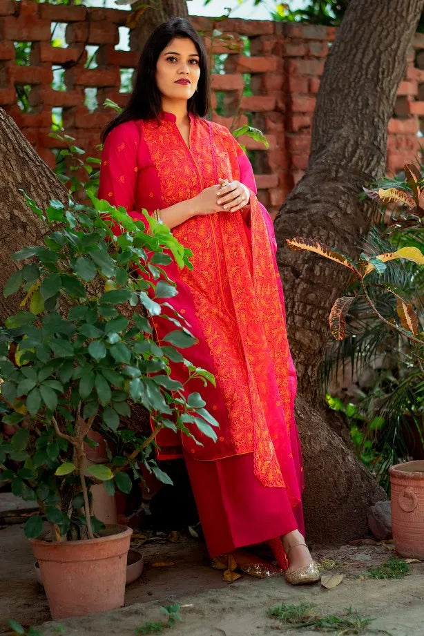 Magenta cotton silk resham embroidered kurta, magenta organza dupatta and Magenta  palazzo