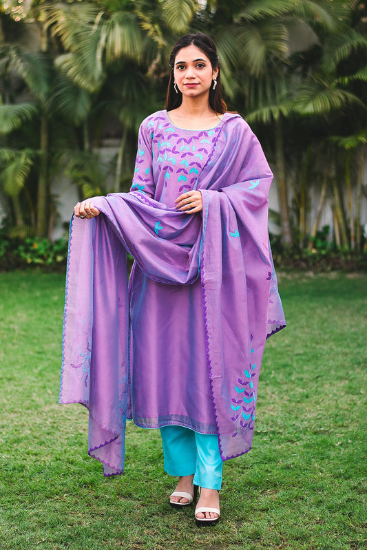 Lavender Kurti Set with Chanderi Applique Work Kurta, Dupatta and Blue Trousers