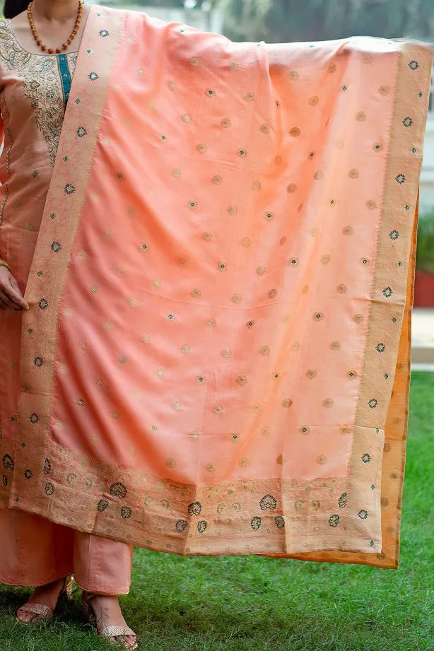 Peach banarasi silk zardozi work kurta and dupatta with peach palazzo