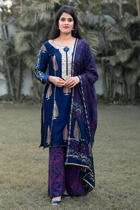 Blue Maheshwari Resham & Zardozi Work Kurta & Dupatta with Blue Palazzo