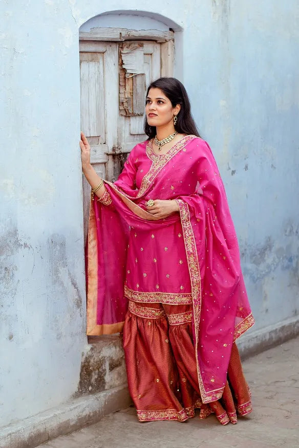 Pink brocade sharara,chanderi kurta and dupatta with zardozi work