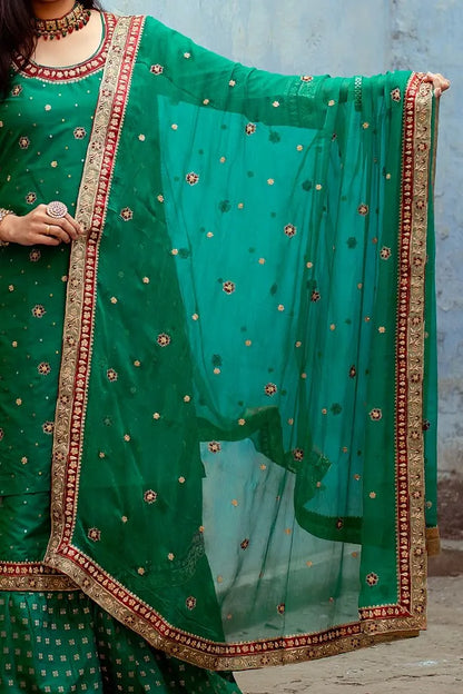 Green silk farshi bridal gharara set with zardozi work