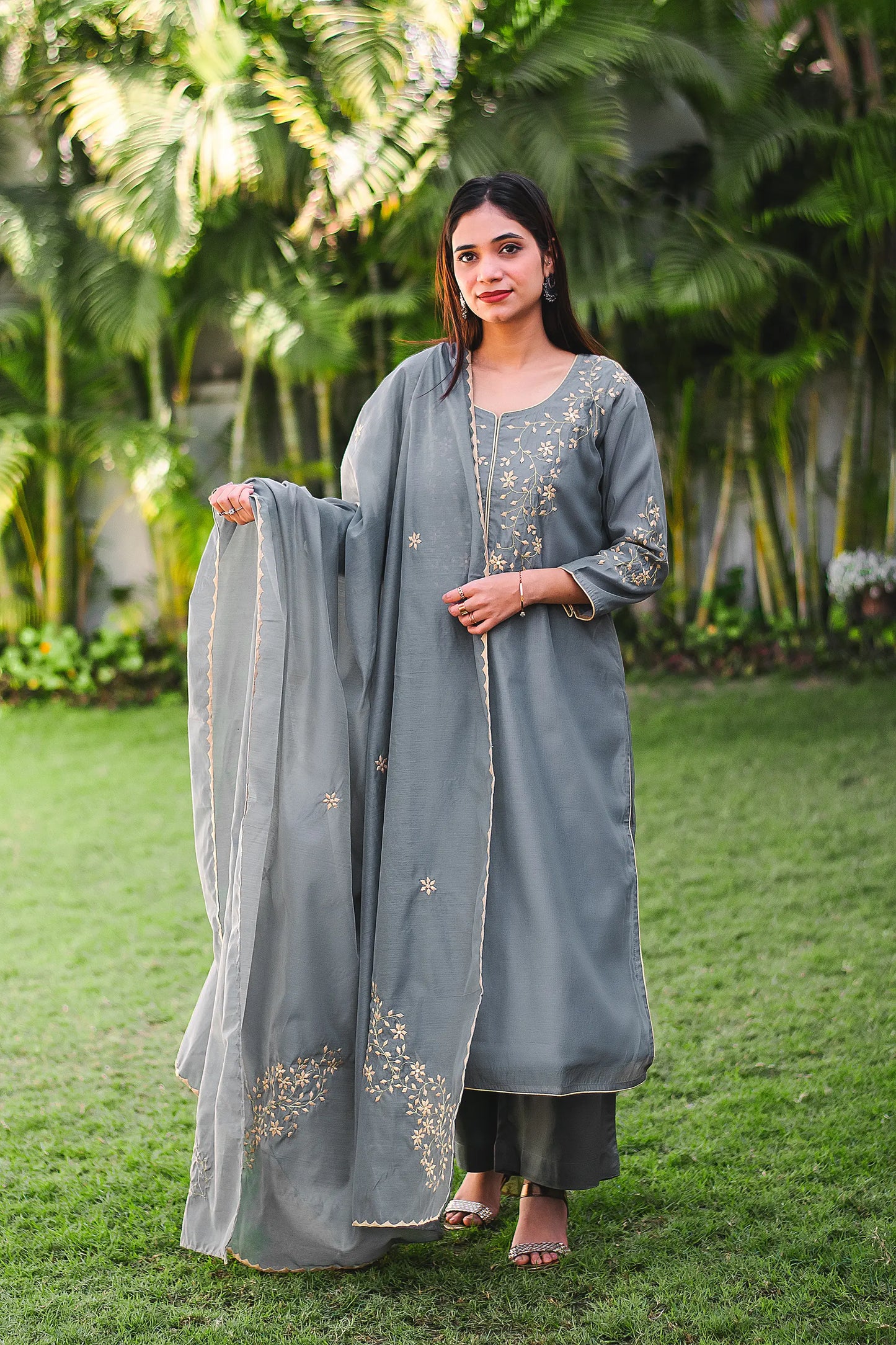 Grey Chanderi Kurti and Dupatta with applique work and Grey Trousers