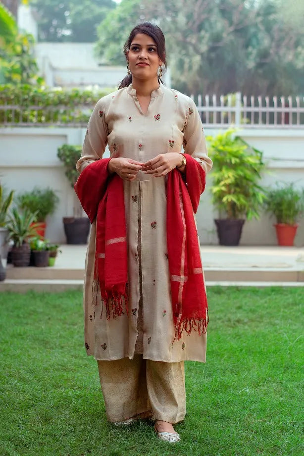 Embroidered set with golden chanderi kurta, palazzo and maroon dupatta