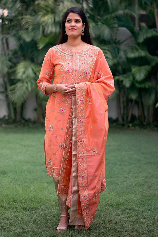 peach chanderi zardozi resham and zardozi work kurta & dupatta with peach trousers