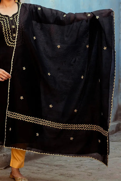 Black chanderi Kurti with applique work black chanderi dupatta and golden trousers