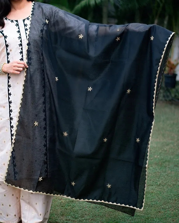 off white cotton silk kurta and palazzo,black chanderi dupatta with apllique work