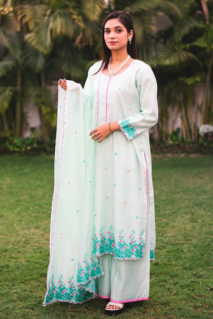 Sea-green chanderi resham embroidered kurta and dupatta with sea-green palazzo